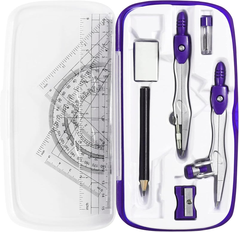 Vobou Math Geometry Kit Sets 10 Piece Student Supplies with Shatterproof Storage Box,Includes Rulers,Protractor,Compass,Eraser,Pencil Sharpener,Lead Refills,Pencil,for Drafting（Purple） - Image 1